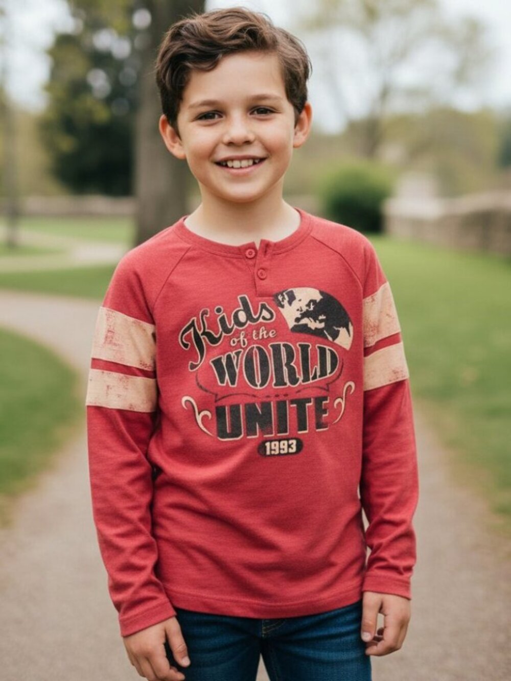 TEA COLLECTION Kids of the World Red Long Sleeve Tee Boys 7 Girls Raglan Henley